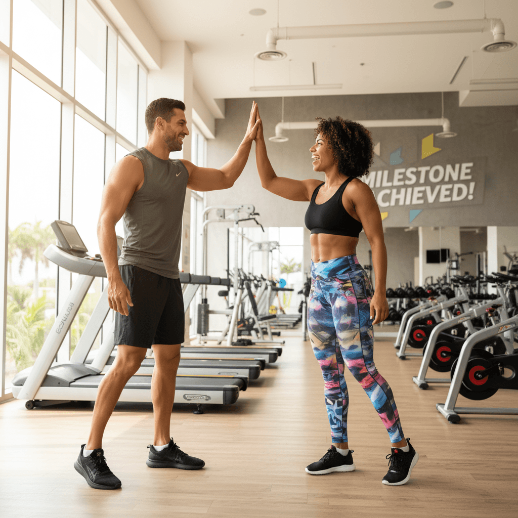Trainer and client celebrating fitness achievement together