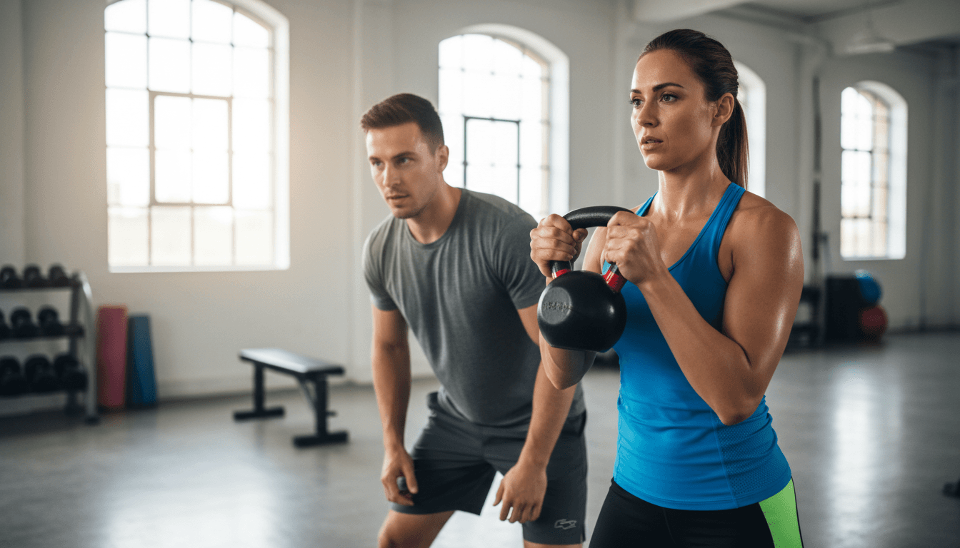 Personal trainer demonstrating kettlebell swing technique with proper form