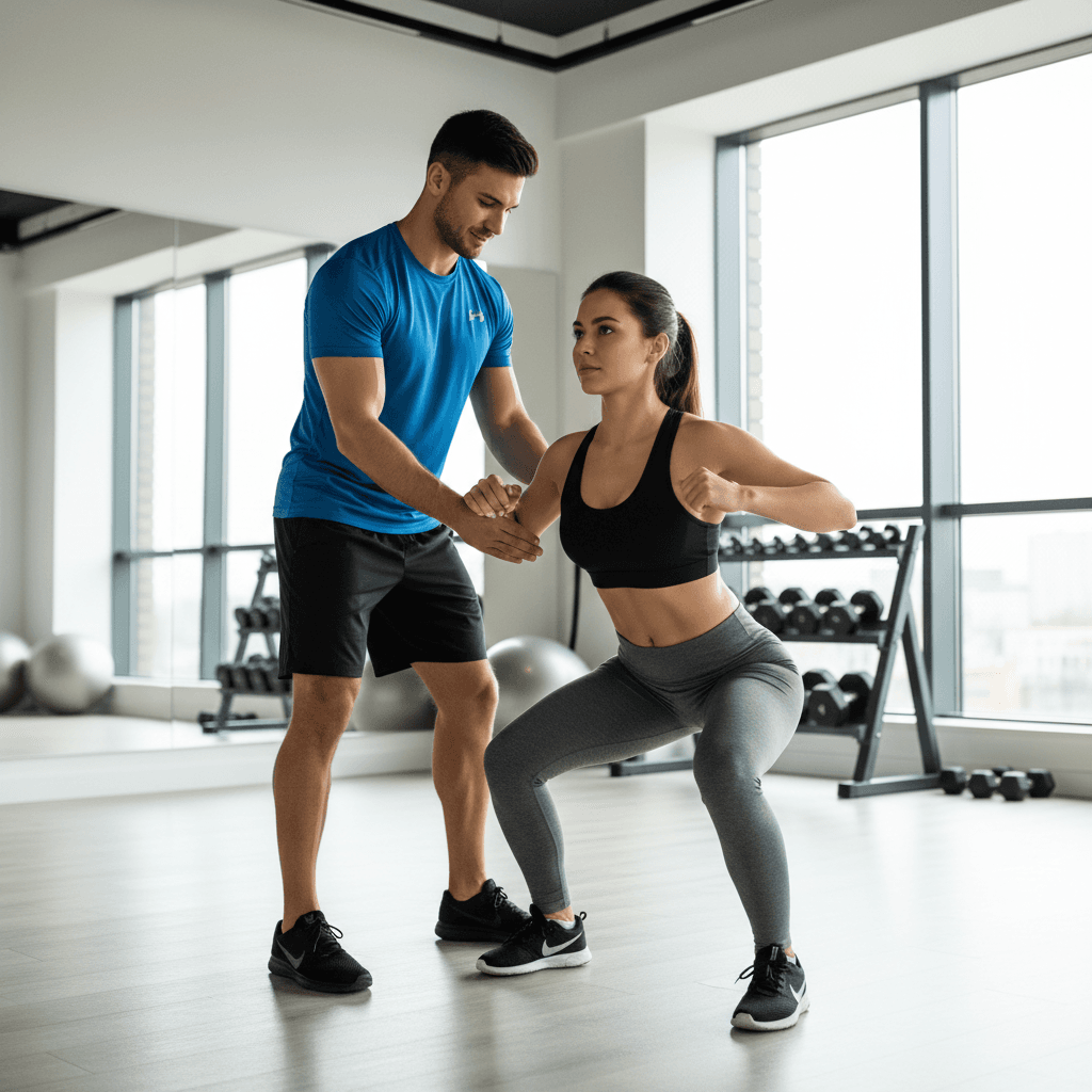 Personal trainer demonstrating proper exercise form in Miami gym
