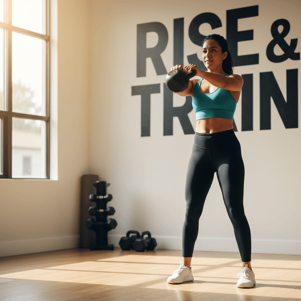 Personal trainer demonstrating kettlebell form with client